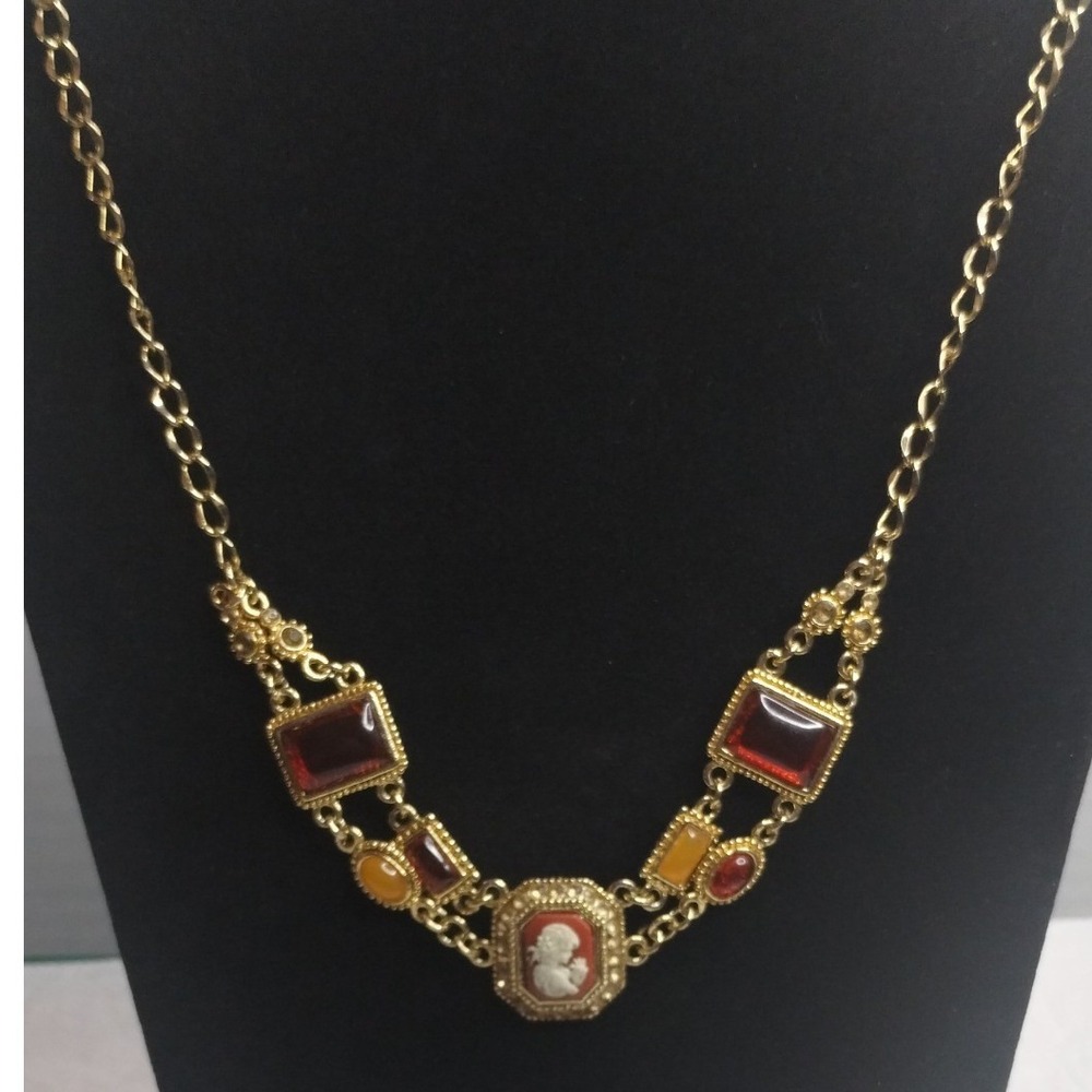Vintage Victorian Revival Cameo Bib Necklace Gold Tone Amber Ruby Red Glass 17in